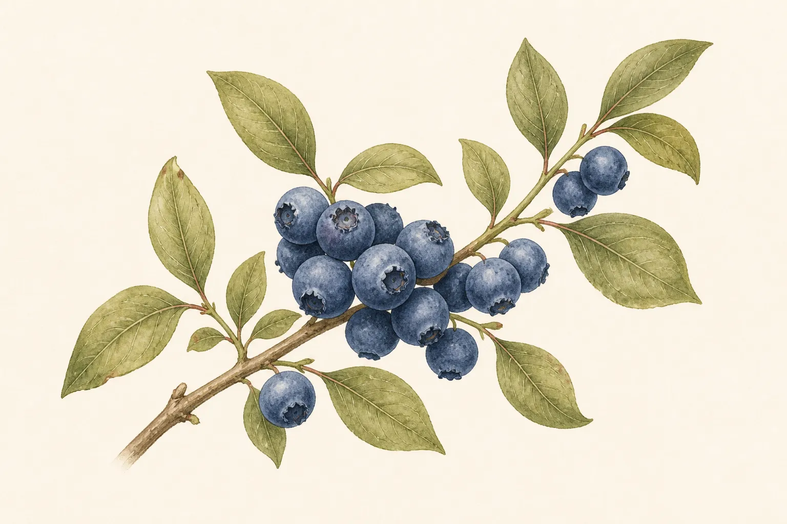 Watercolor illustration of a blueberry branch with ripe berries and leaves